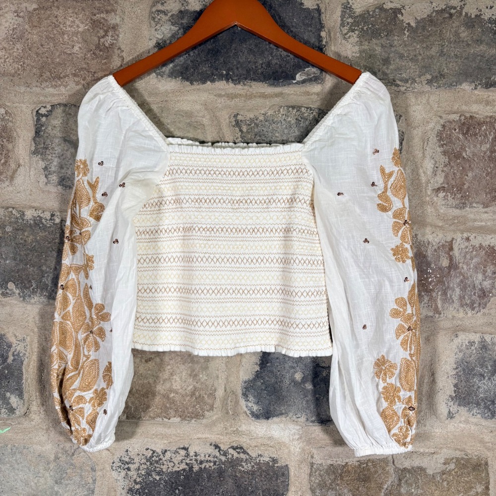Anthropologie White Gold Floral Embroidered Smocked Cropped Square Neck Top S